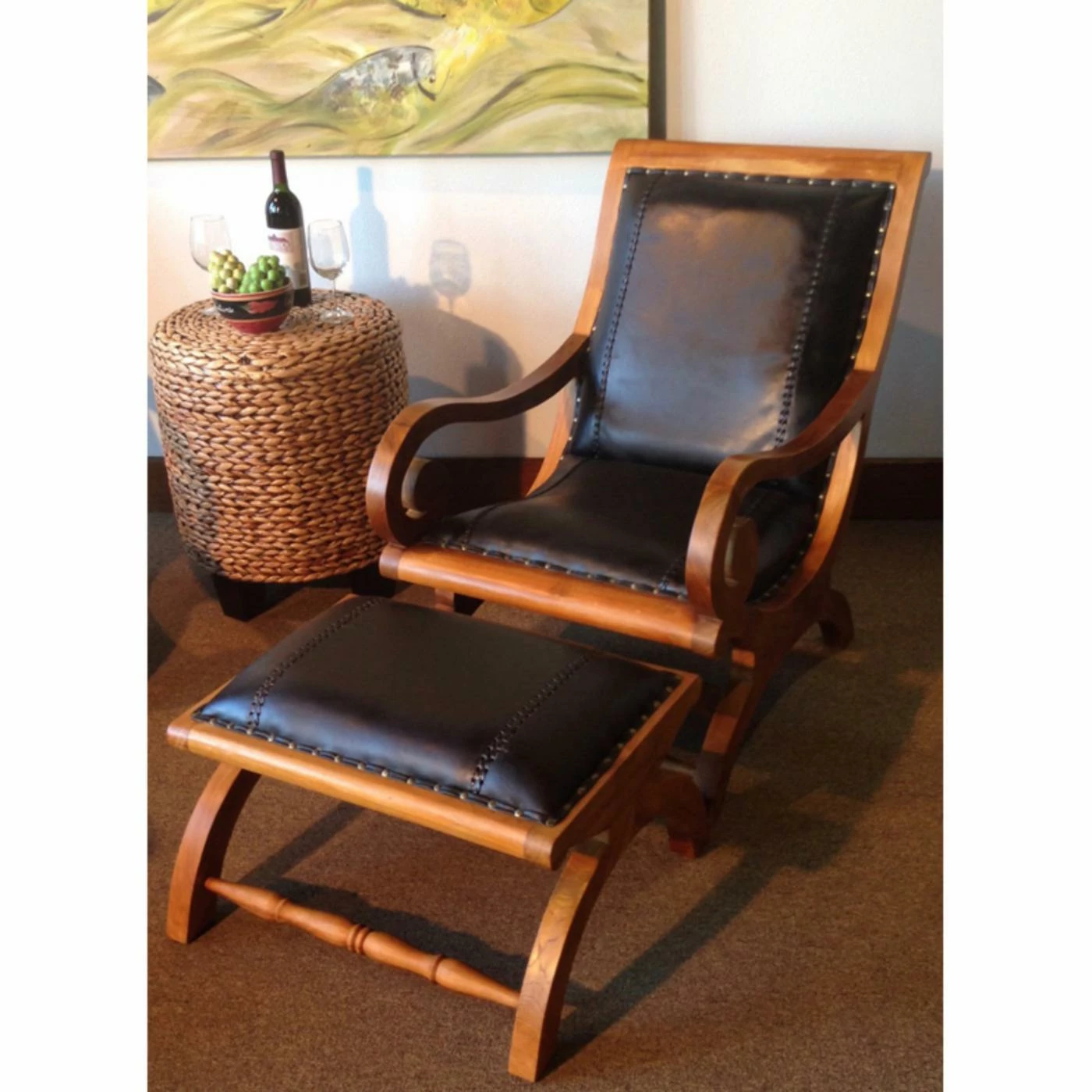 Wholesale ๐ Arm Chairs Chic Teak Bahama Waxed Teak And Leather Lazy Chair With Ottoman ๐ - Image 2