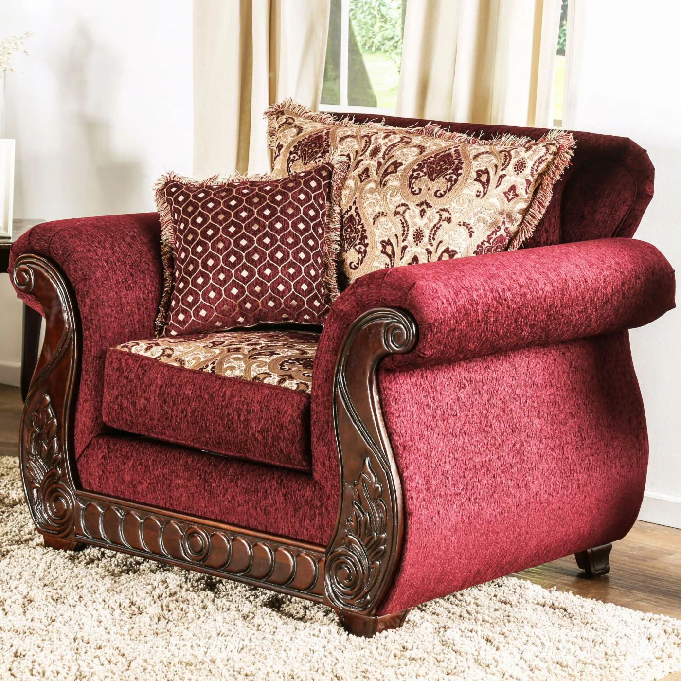 New ๐ Arm Chairs Furniture Of America Sala Traditional Style Fringe Accent Pillow Arm Chair ๐ - Image 2