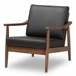 Budget ๐ Arm Chairs Baxton Studio Venza Walnut Wood Black Faux Leather Lounge Chair ๐