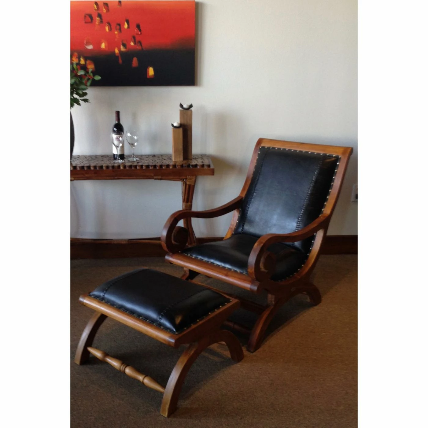 Wholesale ๐ Arm Chairs Chic Teak Bahama Waxed Teak And Leather Lazy Chair With Ottoman ๐ - Image 5